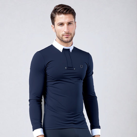 Camisa Polo Hipismo Pala LS Marinho e Branco - Lucky_U Riders