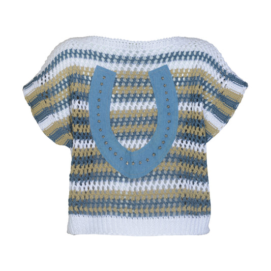 Blusa Tricô Horse Shoe Bege, Branco e Azul