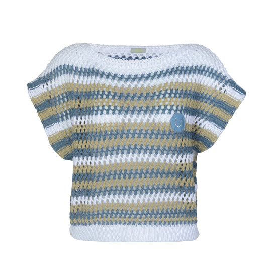 Blusa Tricô Horse Shoe Bege, Branco e Azul