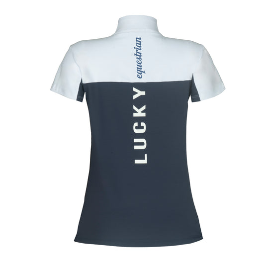 Blusa Prova Hipismo Lucky Equestrian SS Infantil Branco e Marinho - Lucky_U Riders