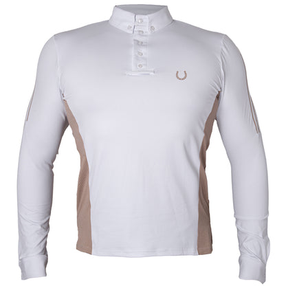 Camisa Polo Hipismo Lateral Jump LS Branca e Bege