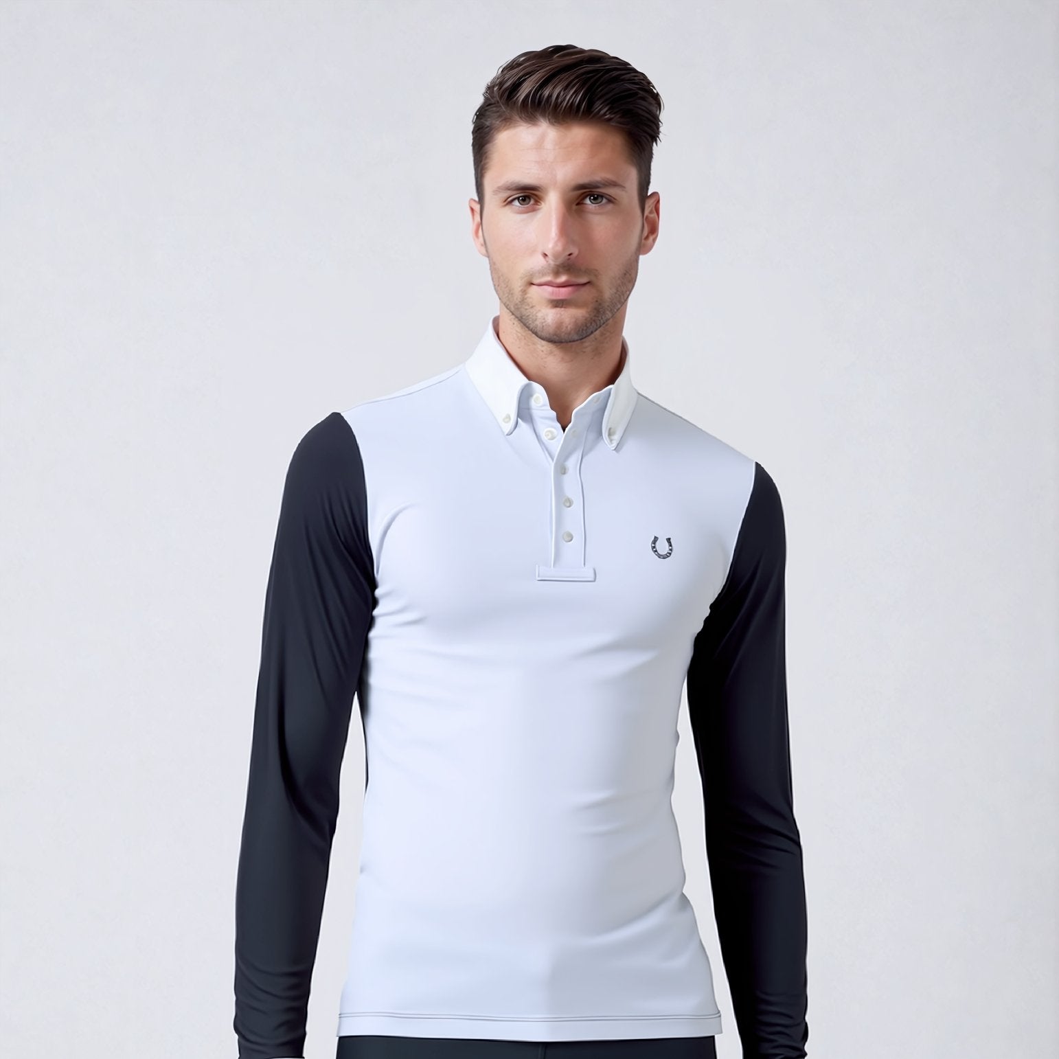 Camisa Polo Hipismo Duo Color LS Branca e Chumbo - Lucky_U Riders