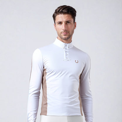 Camisa Polo Hipismo Lateral Jump LS Branca e Bege - Lucky_U Riders