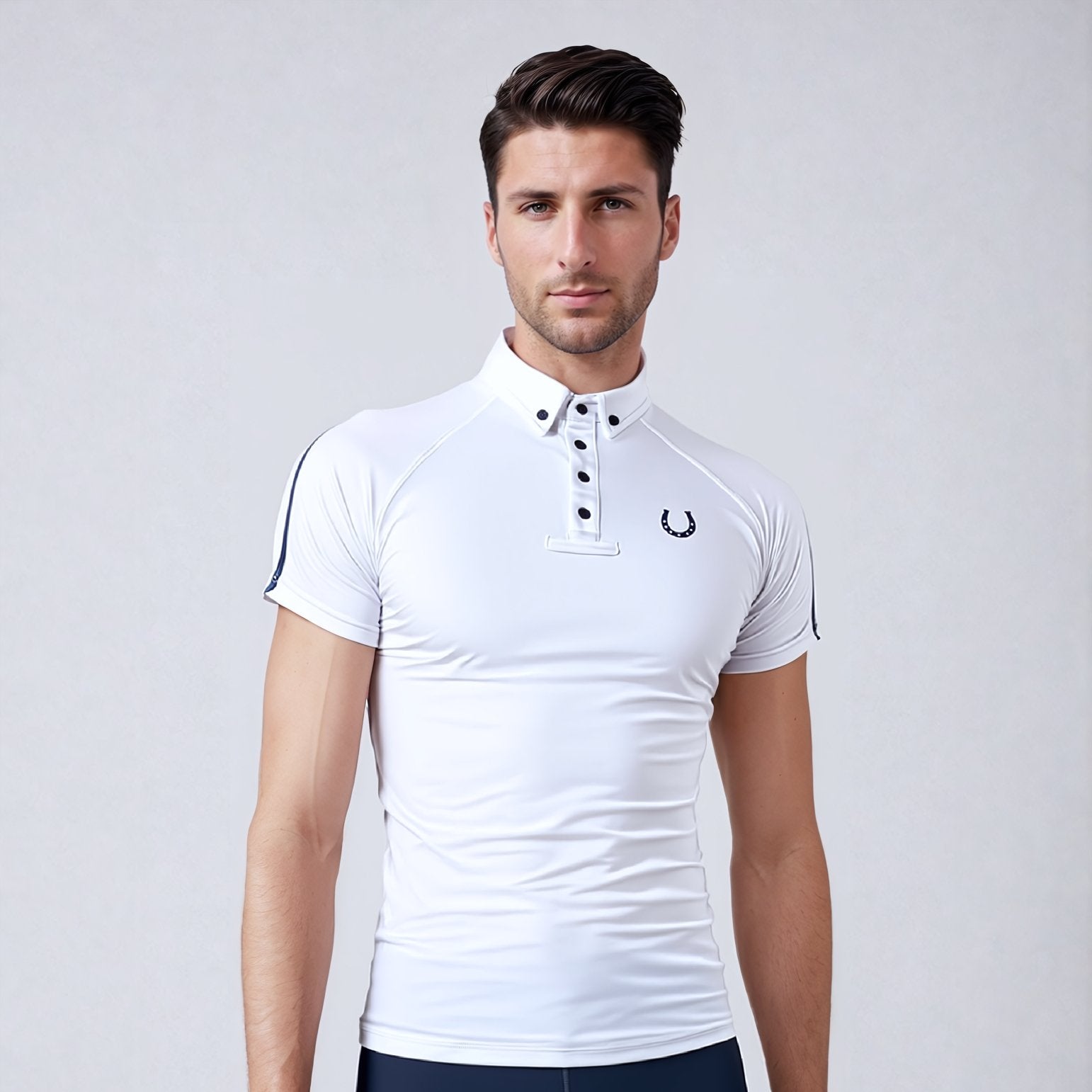 Camisa Polo Hipismo Lucky Stripe Branca e Marinho